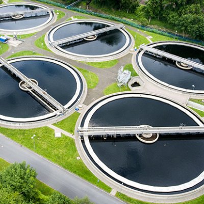 Aerial view of water ponds at a water treatment plant